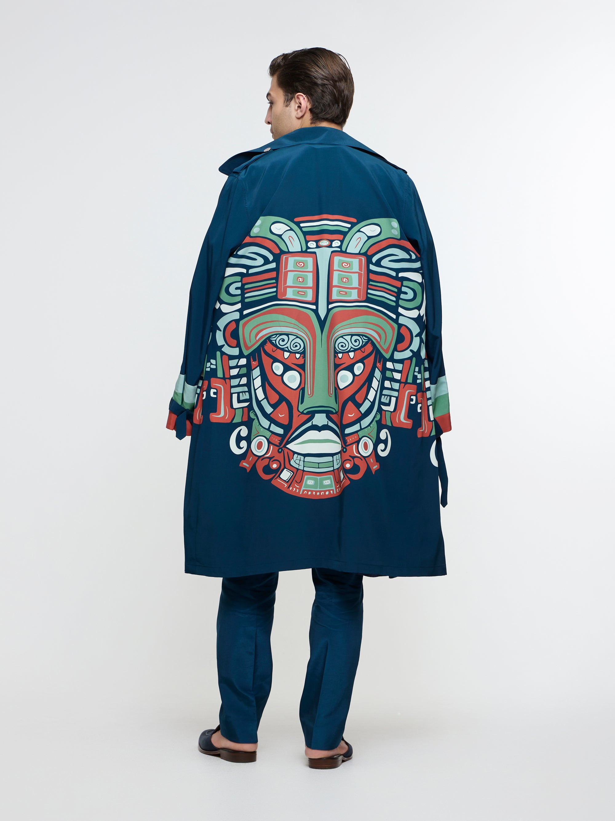 MIDNIHGHT BLUE MASK TRENCH COAT PAIRED WITH KURTA & PANT