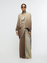MAHNOOR CAPE JACKET PAIRED WITH METALLIC BUSTIER & DRAPE SAREE