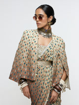 MAHNOOR CAPE JACKET PAIRED WITH METALLIC BUSTIER & DRAPE SAREE