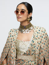MAHNOOR CAPE JACKET PAIRED WITH METALLIC BUSTIER & DRAPE SAREE