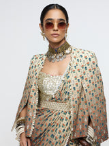 MAHNOOR CAPE JACKET PAIRED WITH METALLIC BUSTIER & DRAPE SAREE