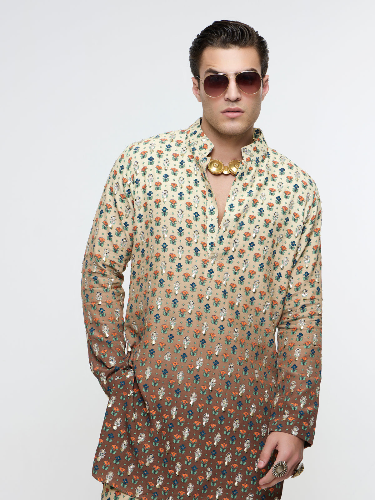 IVORY BROWN OMBRE PRINT HIGHLIGHTED KURTA SET