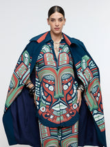 MIDNIGHT BLUE PRINTED MASK TRENCH COAT WITH SHIRT AND PANT