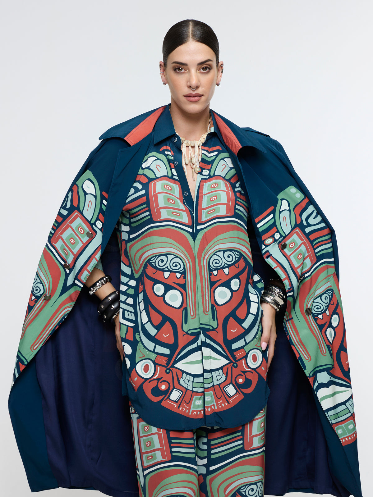 MIDNIGHT BLUE PRINTED MASK TRENCH COAT WITH SHIRT AND PANT
