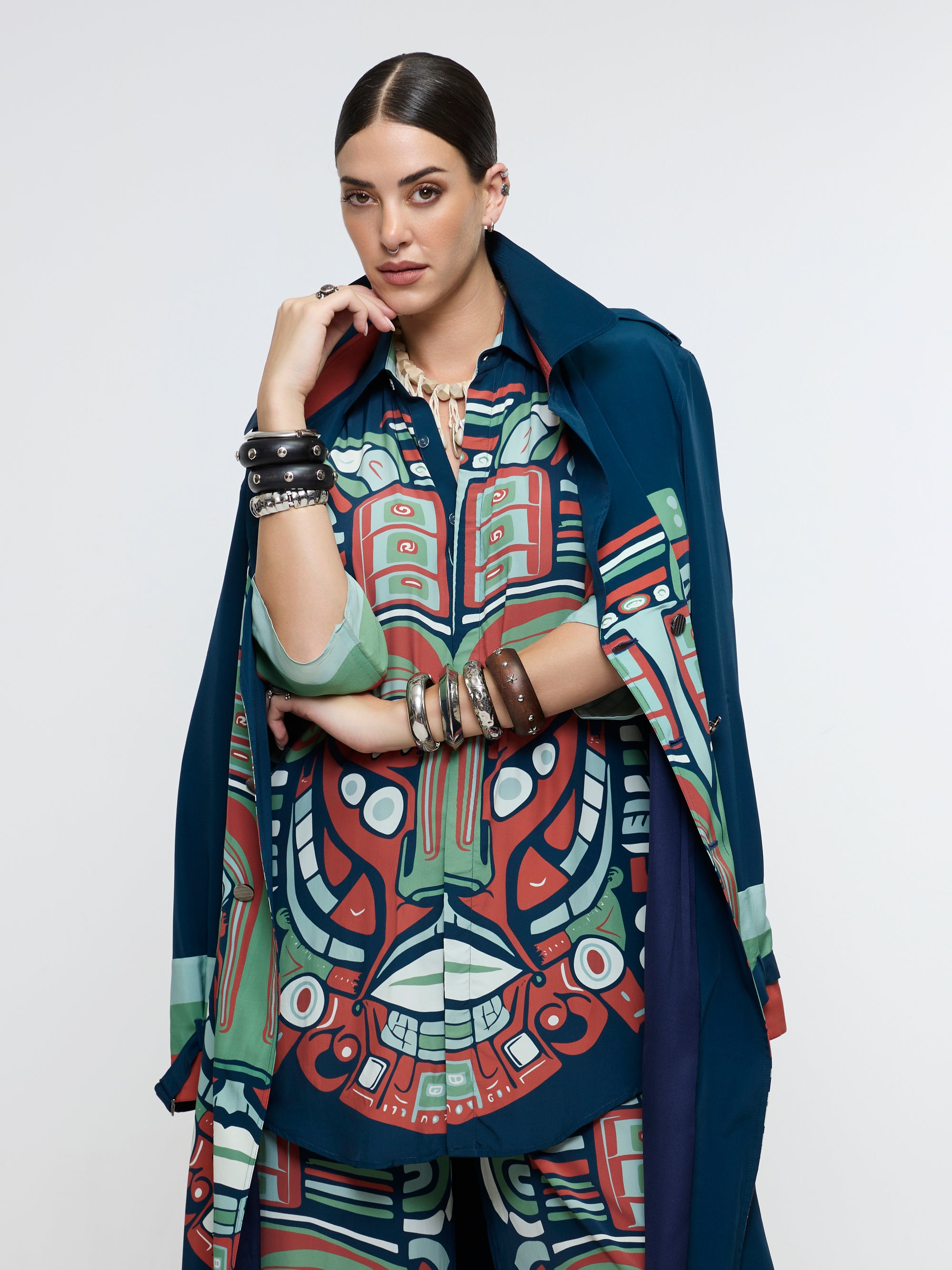 MIDNIGHT BLUE PRINTED MASK TRENCH COAT WITH SHIRT AND PANT