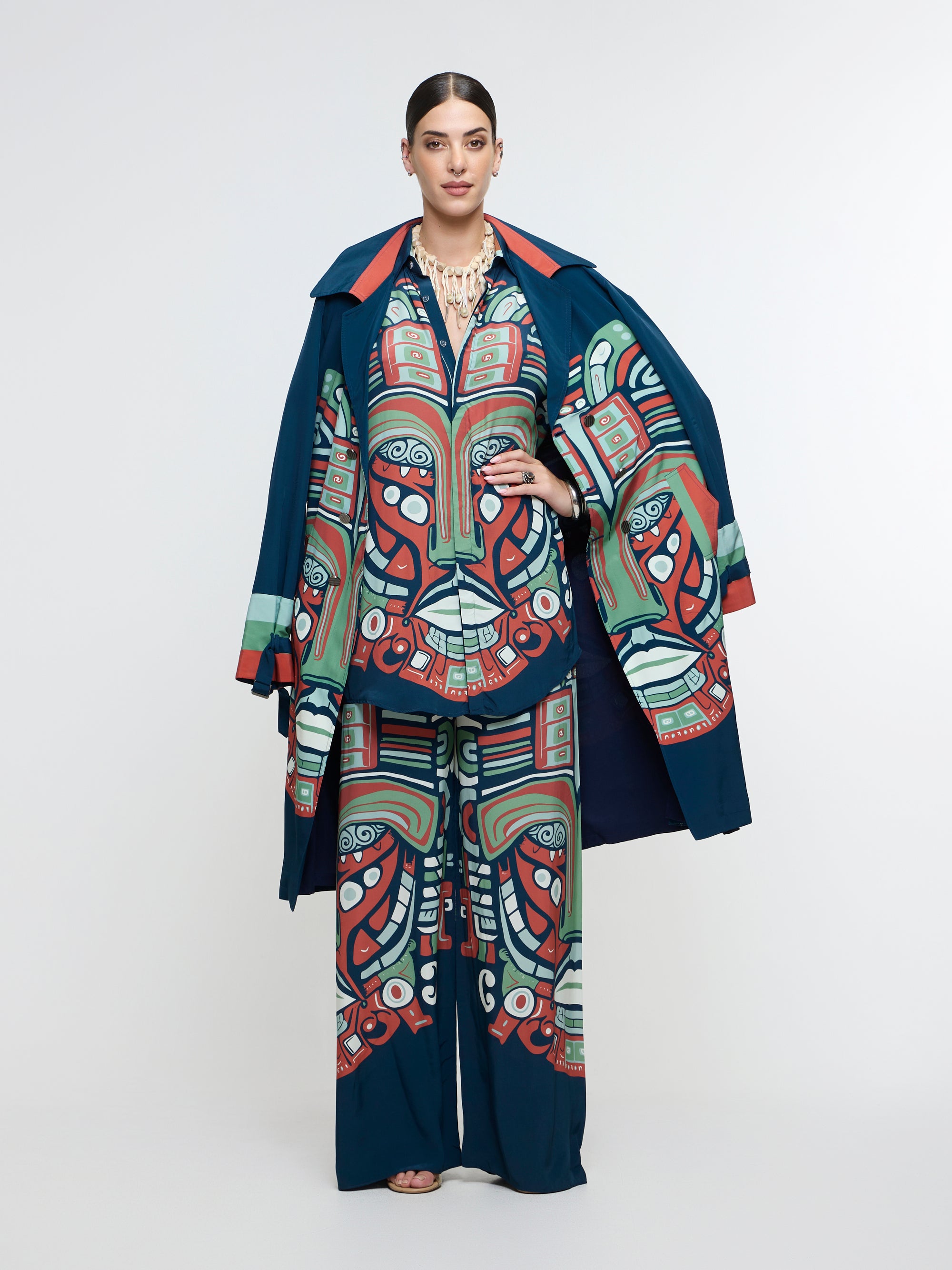MIDNIGHT BLUE PRINTED MASK TRENCH COAT WITH SHIRT AND PANT