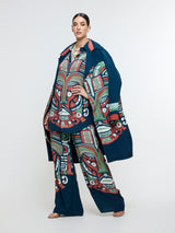MIDNIGHT BLUE PRINTED MASK TRENCH COAT WITH SHIRT AND PANT