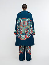 MIDNIGHT BLUE PRINTED MASK TRENCH COAT WITH SHIRT AND PANT