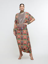 CHARBAGH METALLIC EMBROIDERED YOKE SHORT KAFTAN PAIRED WTH DRAPE SKIRT