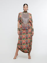 CHARBAGH METALLIC EMBROIDERED YOKE SHORT KAFTAN PAIRED WTH DRAPE SKIRT