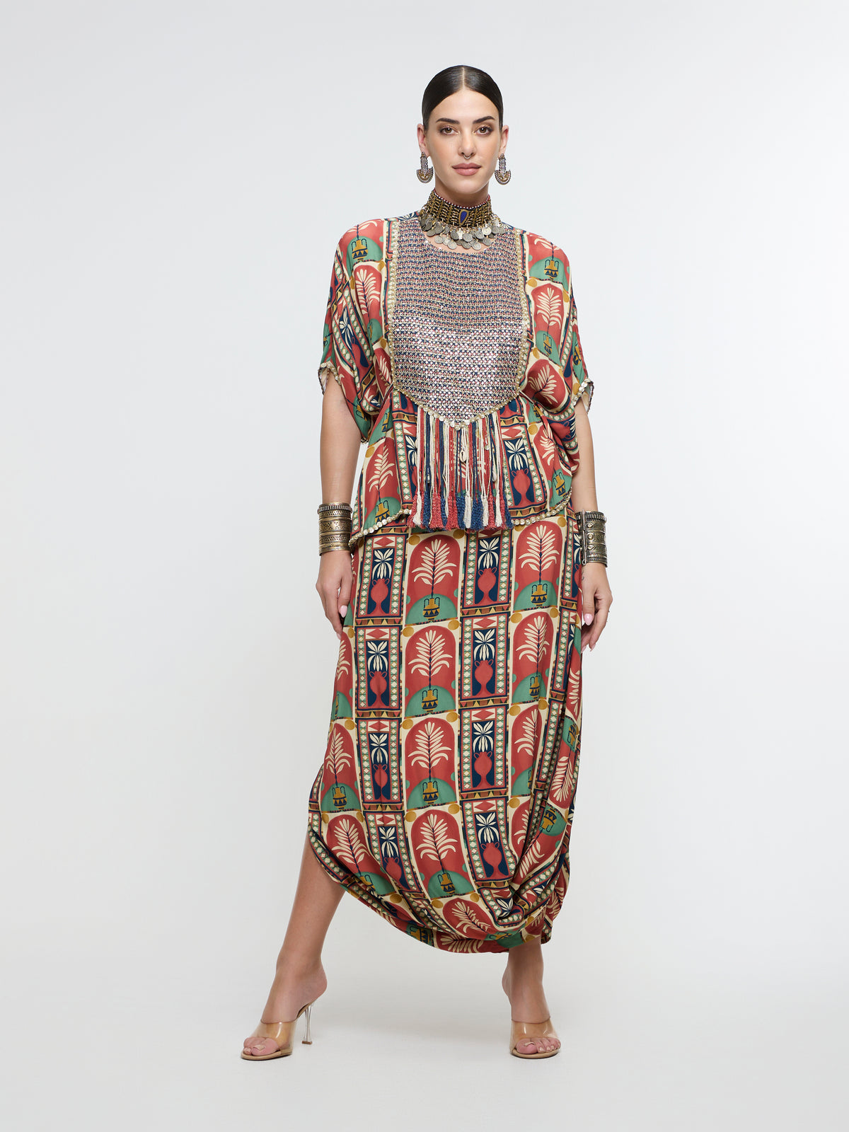 CHARBAGH METALLIC EMBROIDERED YOKE SHORT KAFTAN PAIRED WTH DRAPE SKIRT