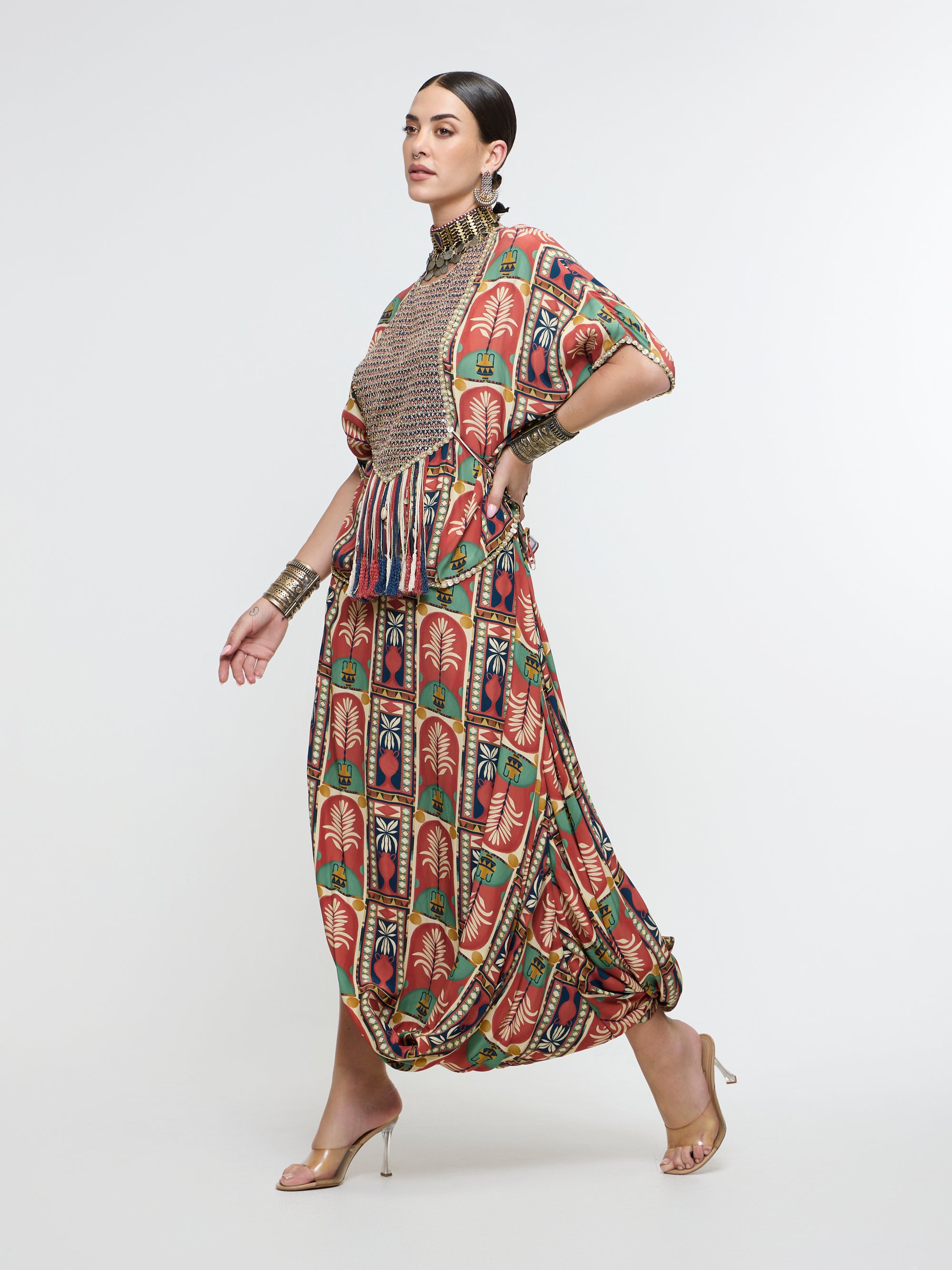 CHARBAGH METALLIC EMBROIDERED YOKE SHORT KAFTAN PAIRED WTH DRAPE SKIRT