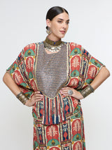 CHARBAGH METALLIC EMBROIDERED YOKE SHORT KAFTAN PAIRED WTH DRAPE SKIRT