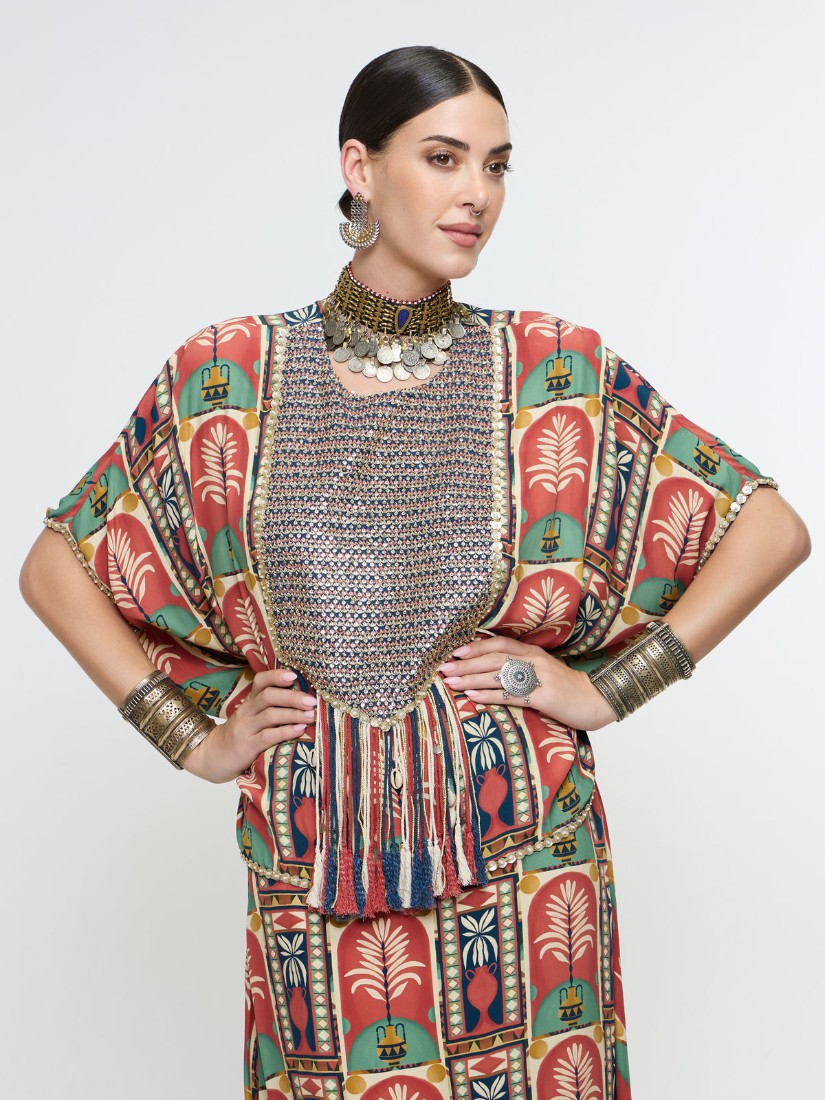 CHARBAGH METALLIC EMBROIDERED YOKE SHORT KAFTAN PAIRED WTH DRAPE SKIRT