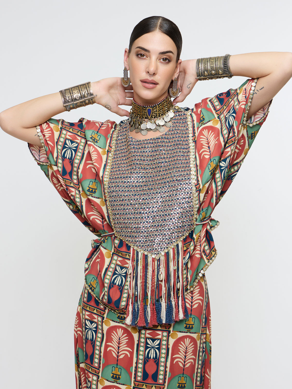 CHARBAGH METALLIC EMBROIDERED YOKE SHORT KAFTAN PAIRED WTH DRAPE SKIRT