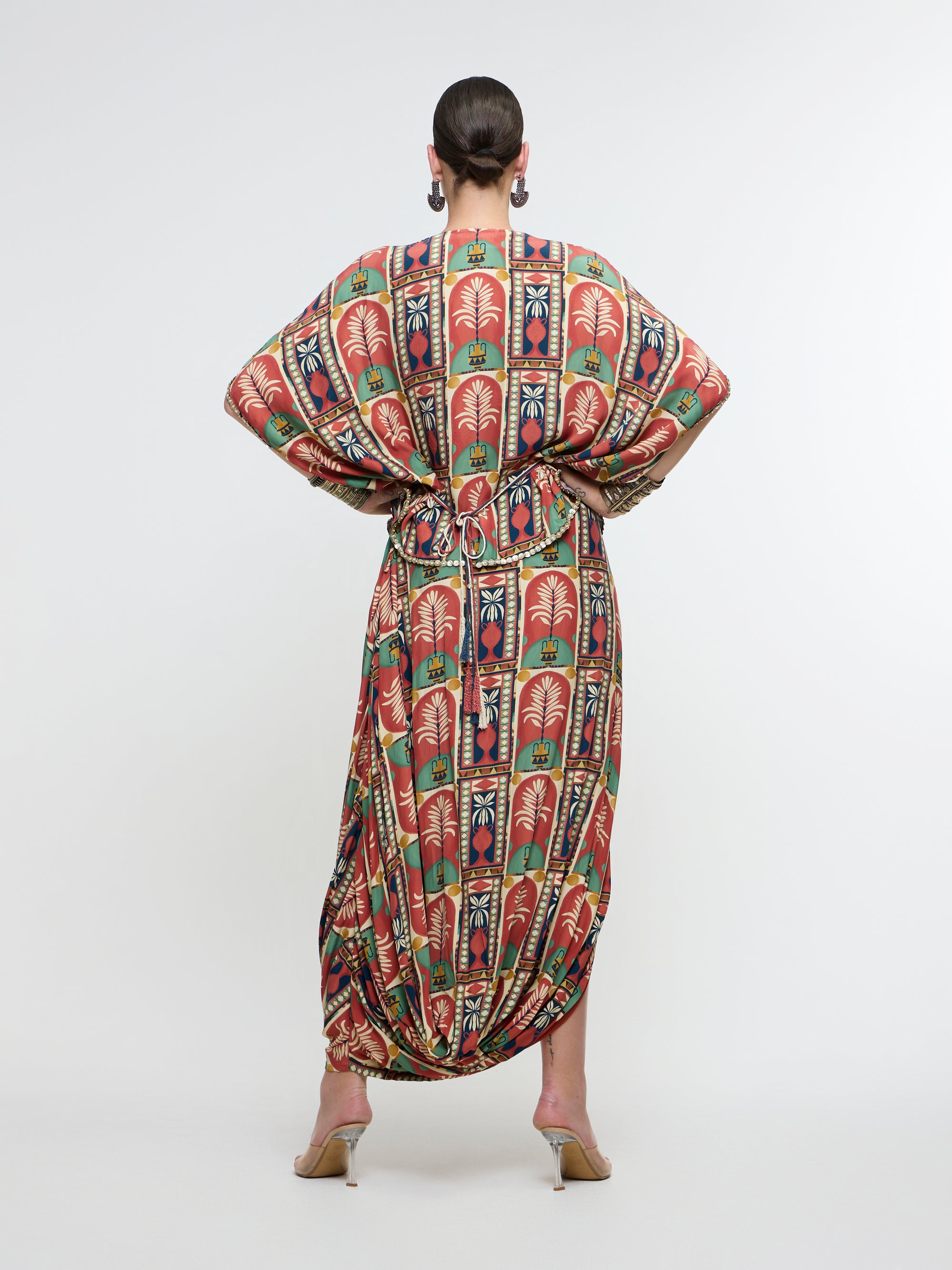 CHARBAGH METALLIC EMBROIDERED YOKE SHORT KAFTAN PAIRED WTH DRAPE SKIRT