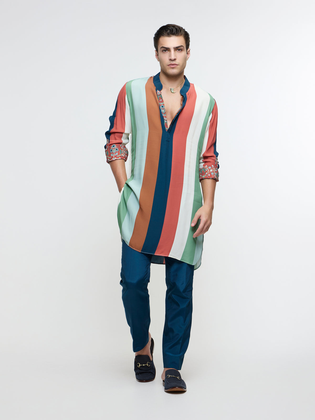 ZAYAN MULTICOLOUR STRIPE ROLLED UP KURTA