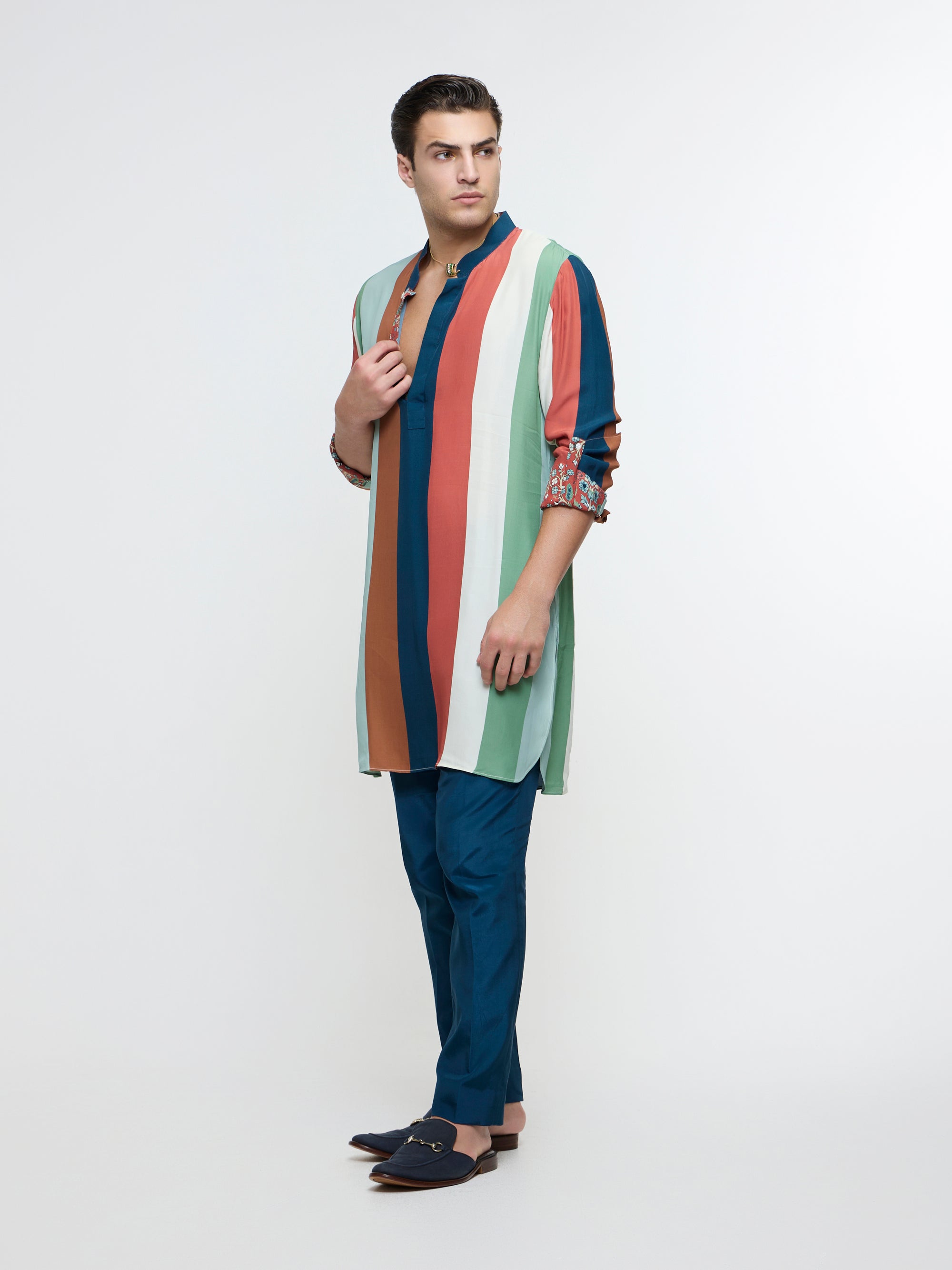 ZAYAN MULTICOLOUR STRIPE ROLLED UP KURTA