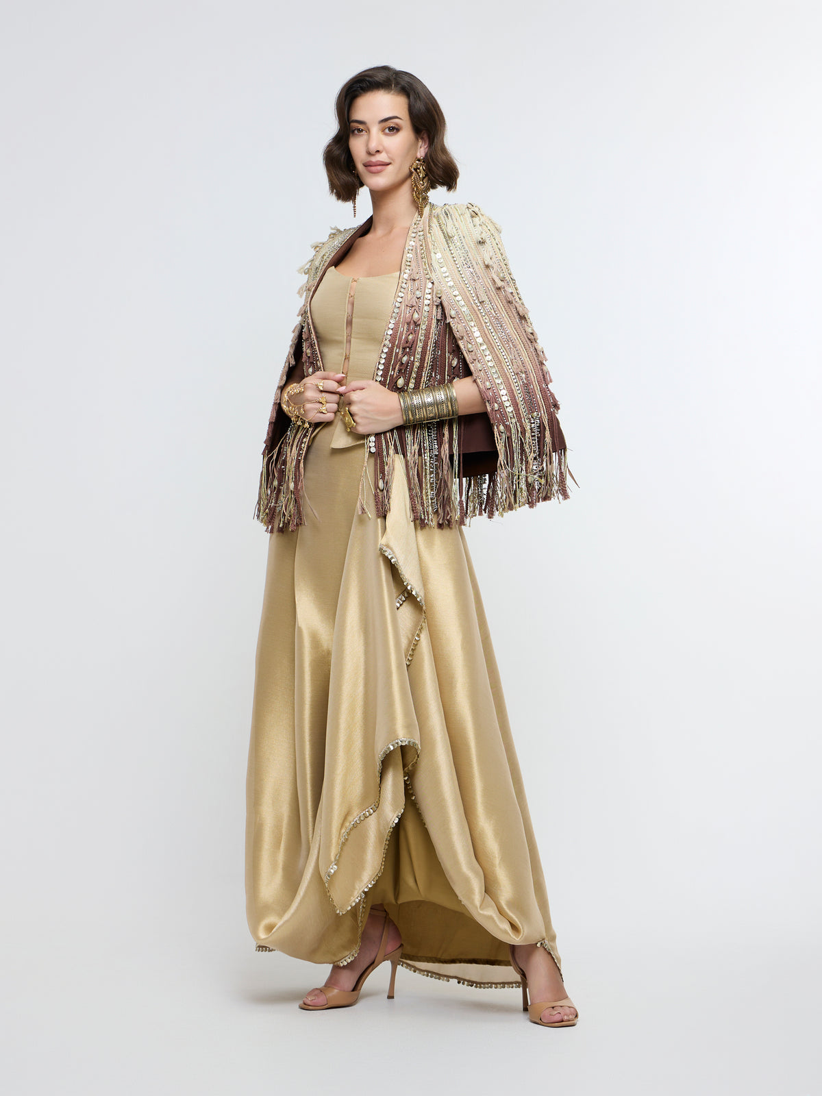 ZEENAT FRINGE JACKET PAIRED WITH CORSET & DRAPE SKIRT