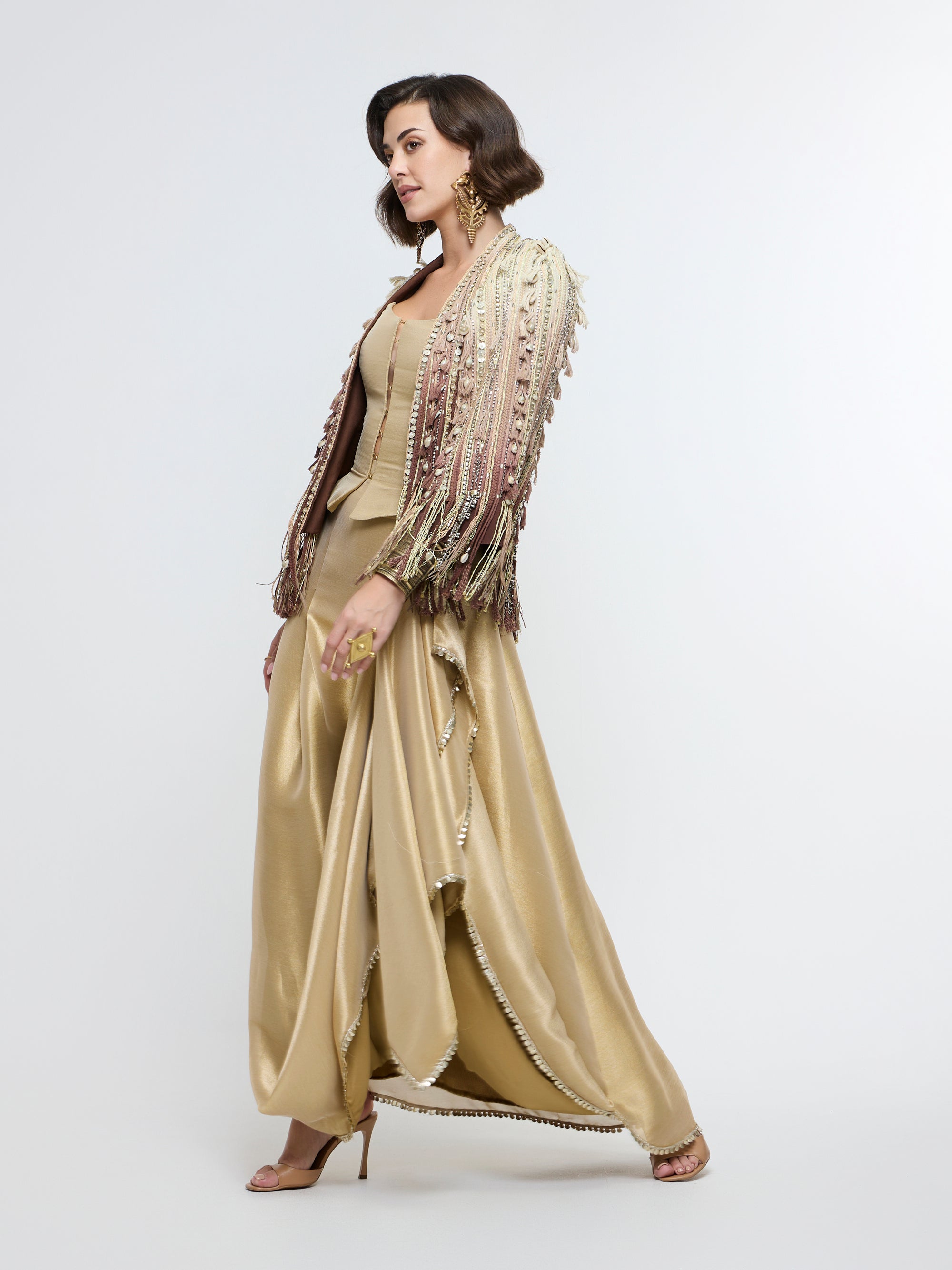 ZEENAT FRINGE JACKET PAIRED WITH CORSET & DRAPE SKIRT