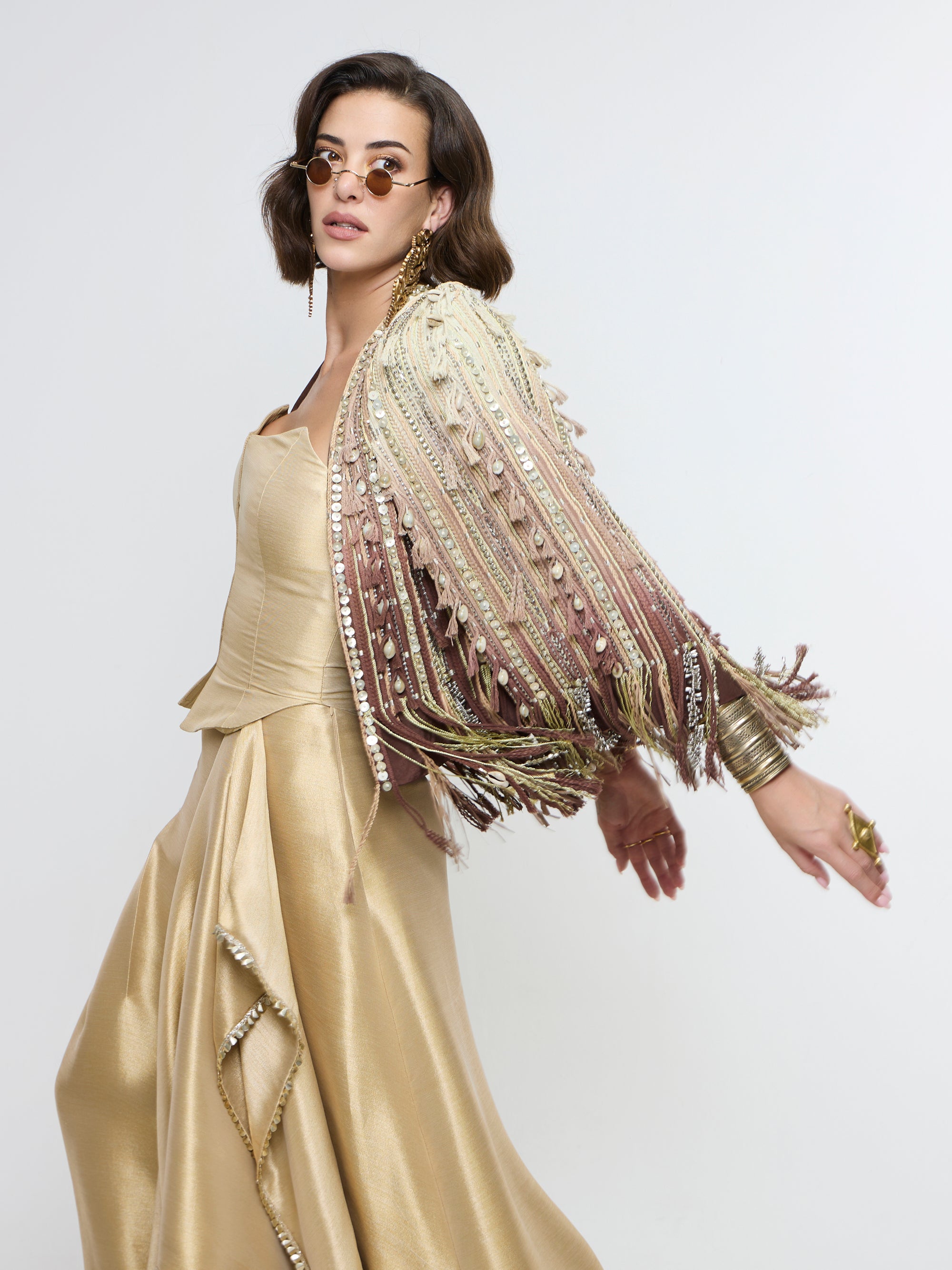ZEENAT FRINGE JACKET PAIRED WITH CORSET & DRAPE SKIRT
