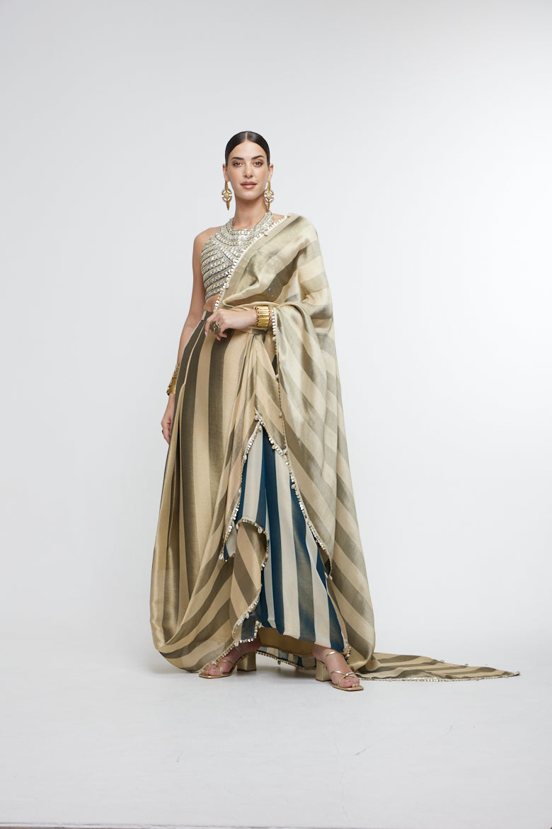 NARGIS DRAPE SAREE PAIRED WITH METALLIC BUSTIER