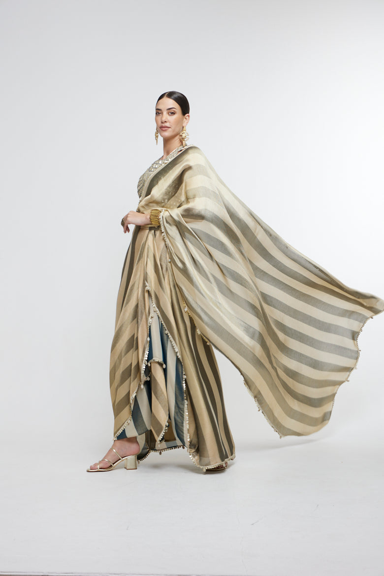 NARGIS DRAPE SAREE PAIRED WITH METALLIC BUSTIER