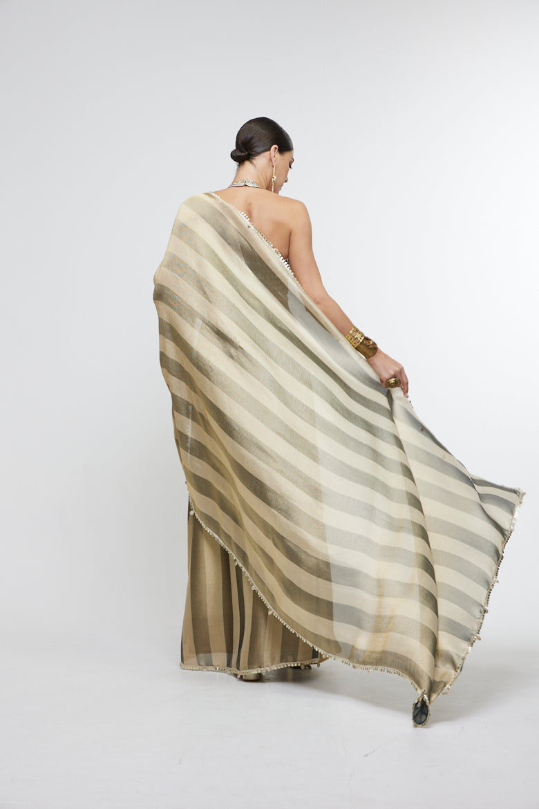 NARGIS DRAPE SAREE PAIRED WITH METALLIC BUSTIER