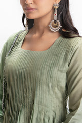 GREEN MUSLIN PLEATED KURTA SET