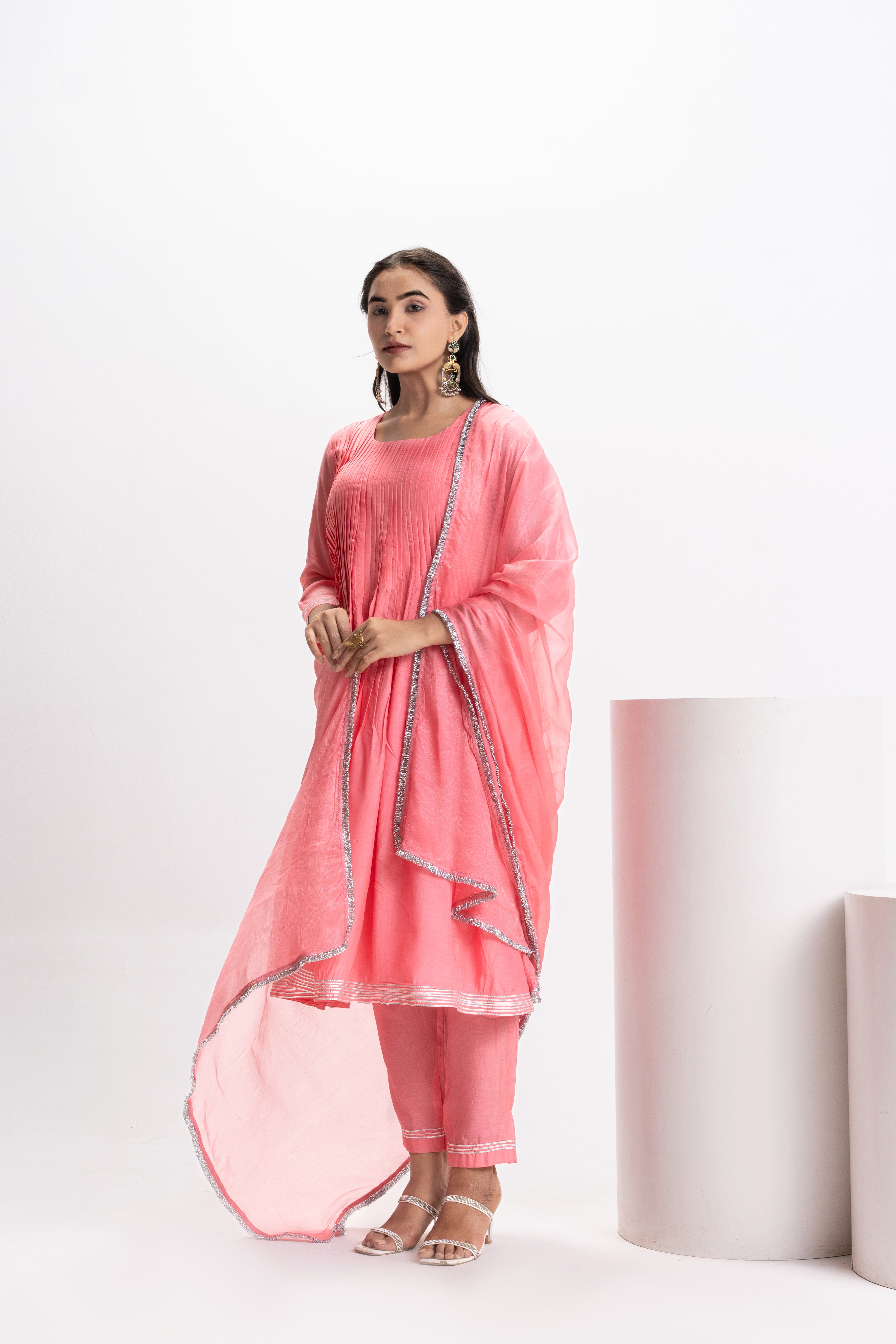 PINK MUSLIN PLEATED KURTA SET