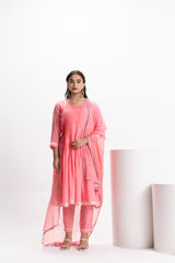 PINK MUSLIN PLEATED KURTA SET
