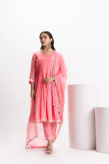 PINK MUSLIN PLEATED KURTA SET