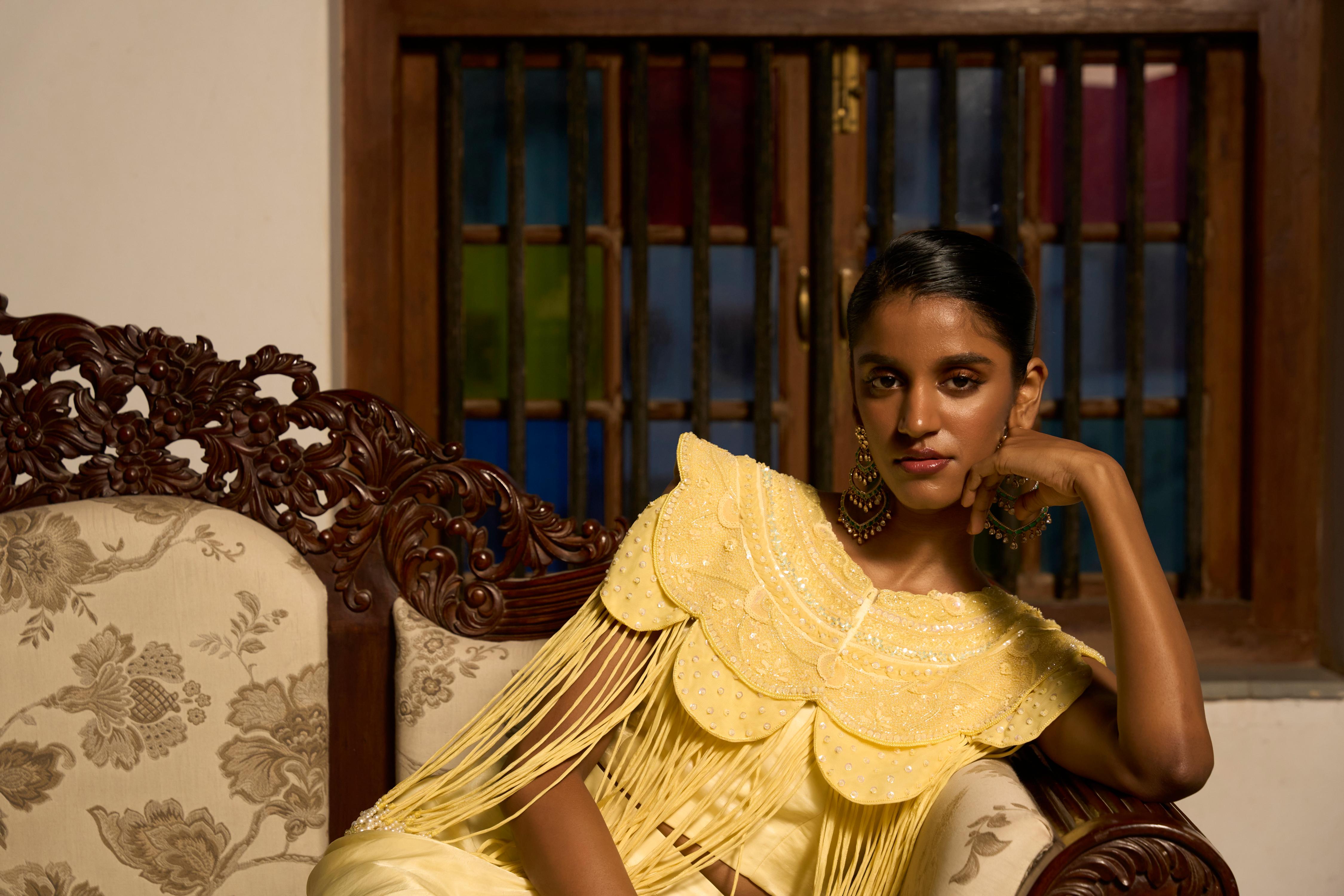 Lemon Mist Drape Co-ord with cowl skirt