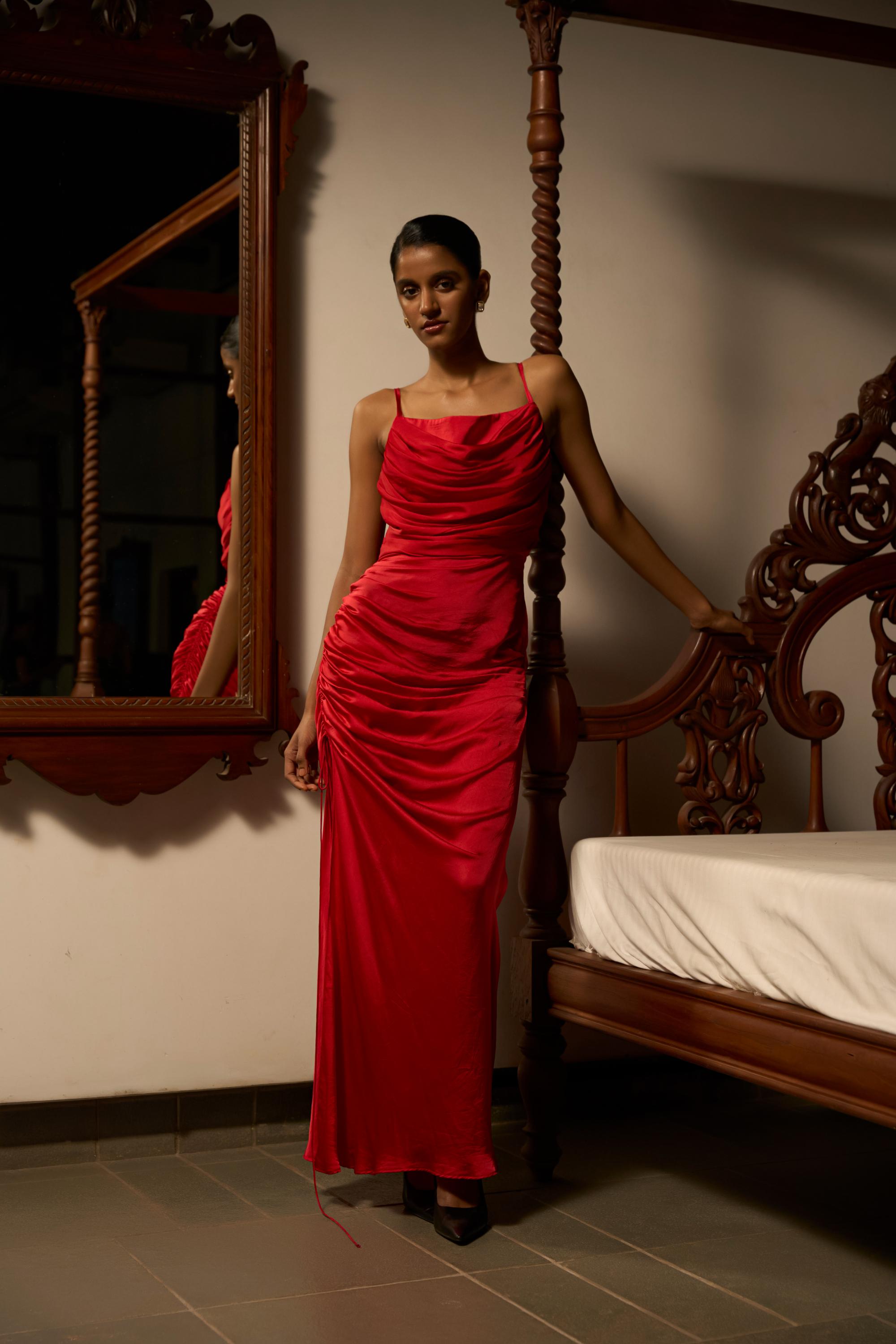 Draped in Desire – The Red Satin Gown