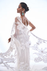Ivory Applique Net Saree