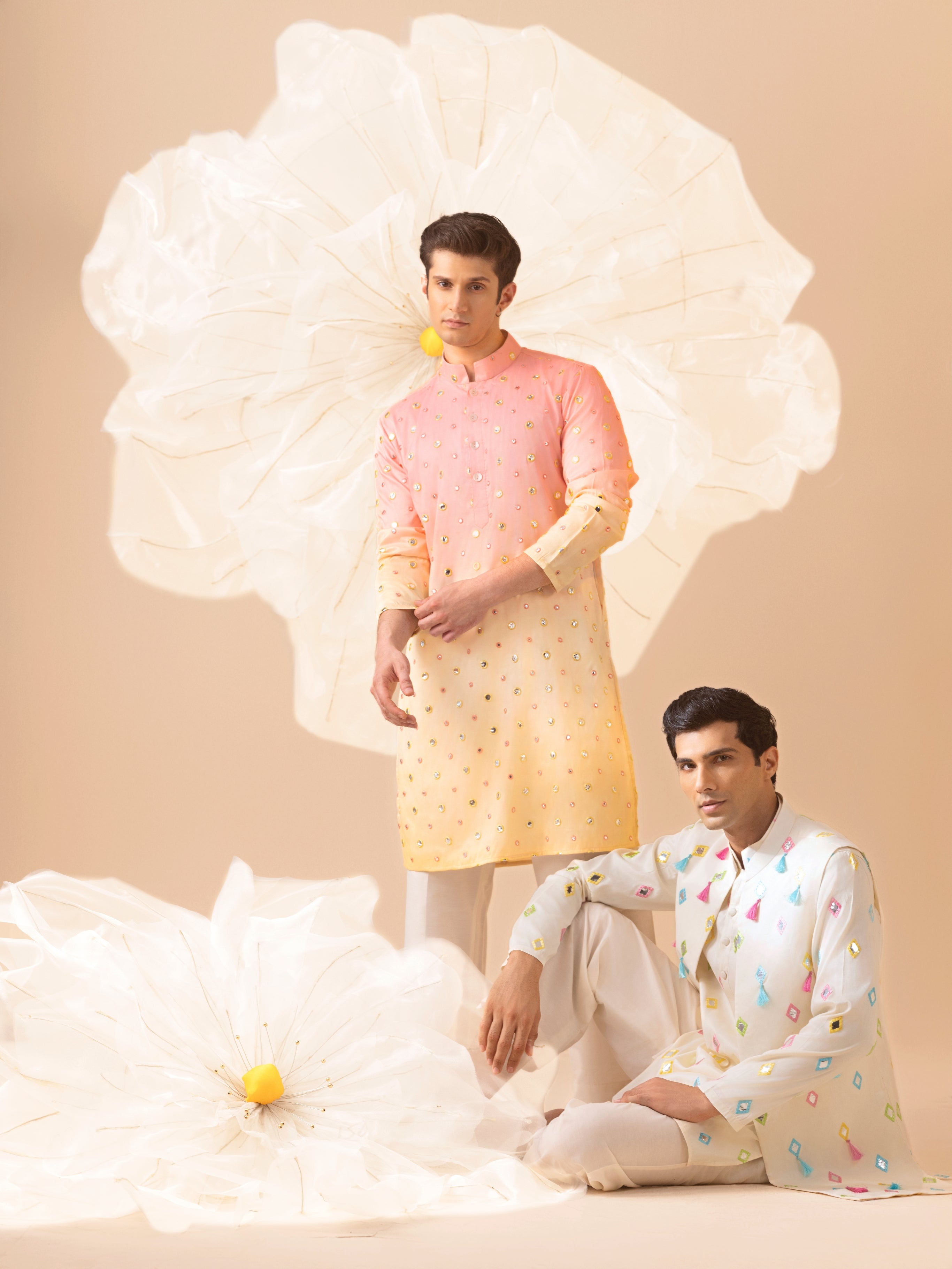 TARASH PEACH YELLOW MIRROR WORK KURTA SET