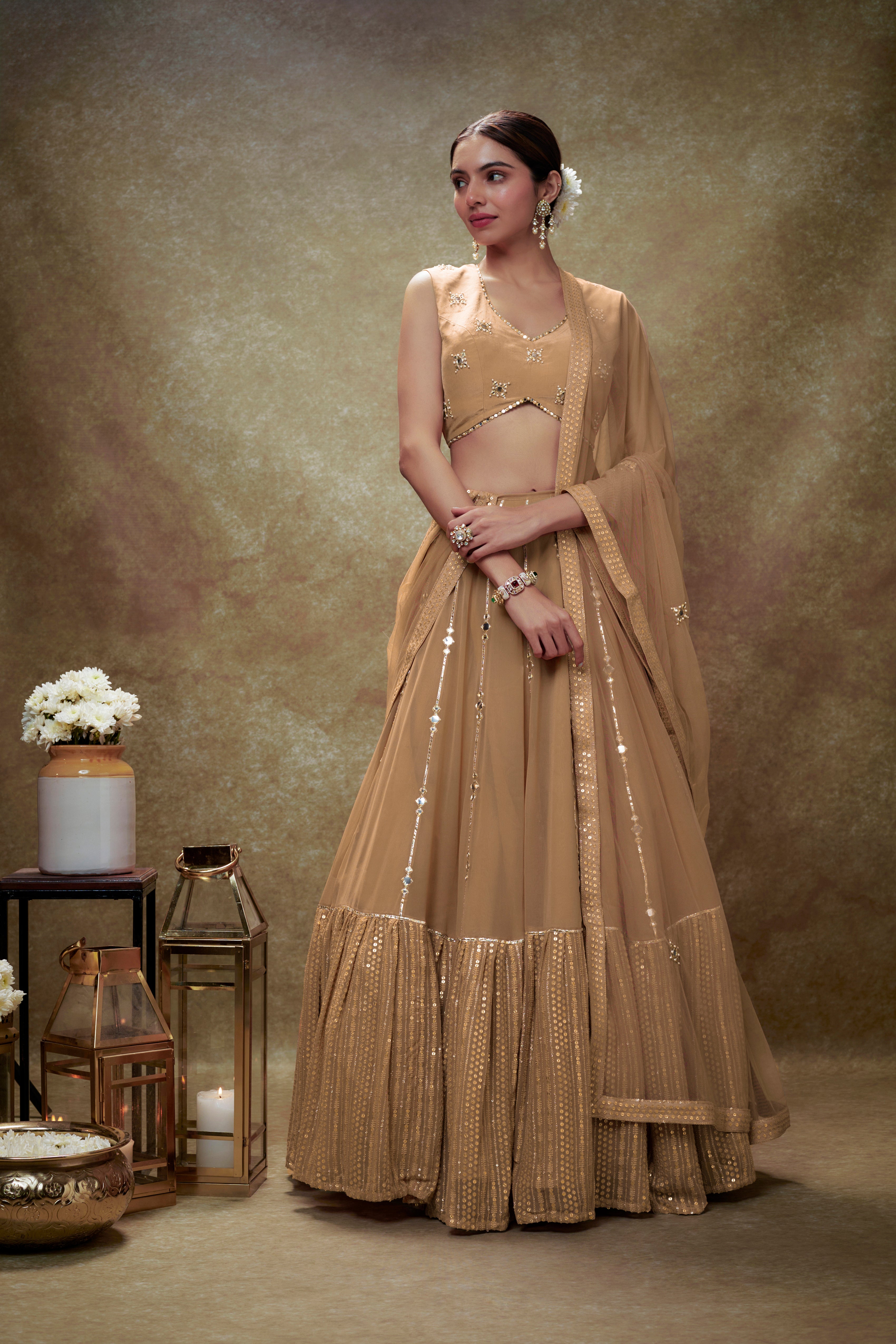 Fawn mirror work sequin  lehenga set