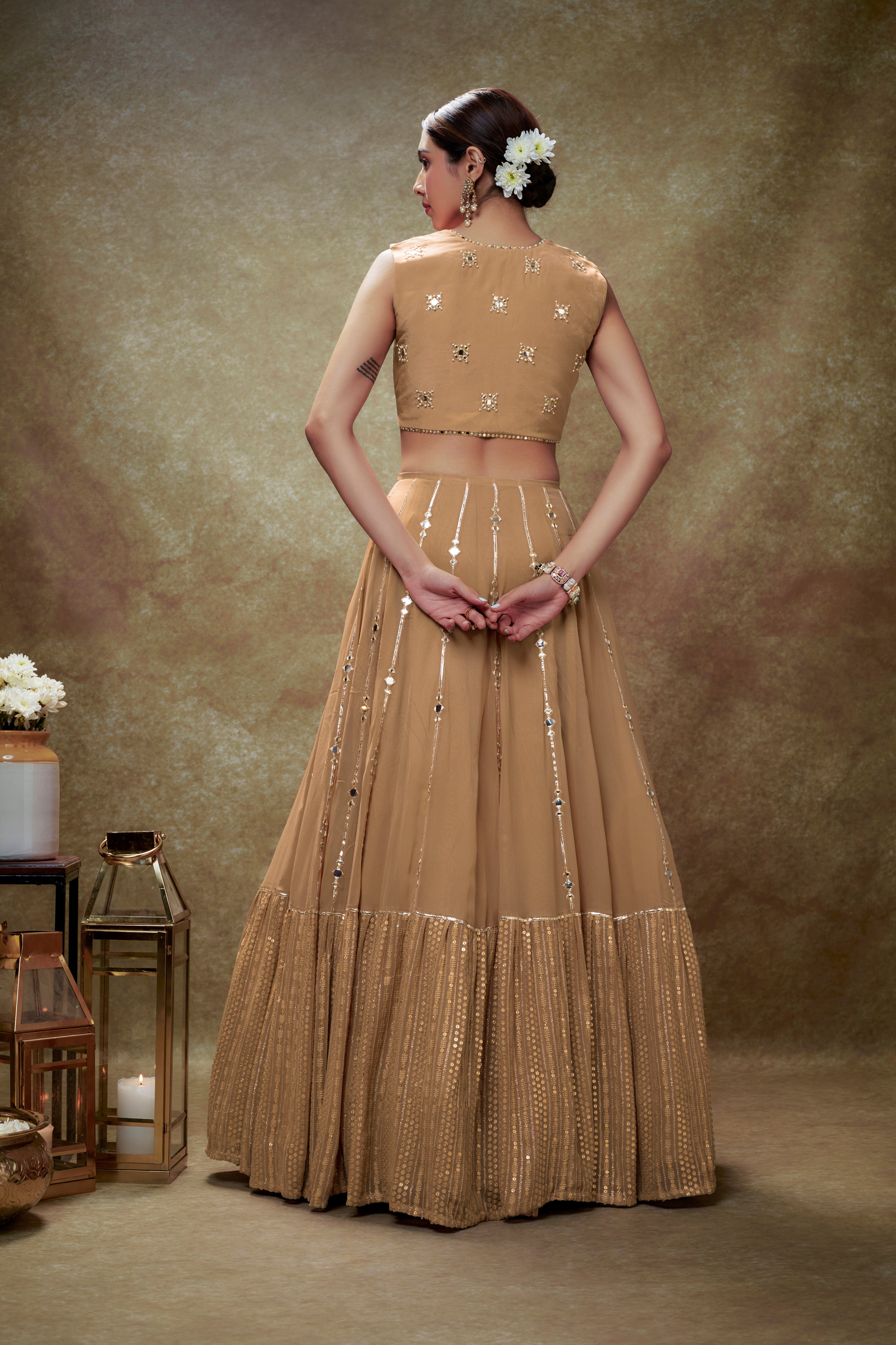 Fawn mirror work sequin  lehenga set
