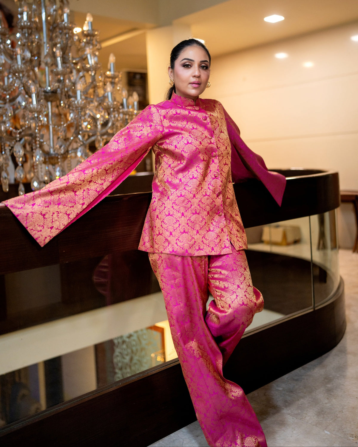Jodha Banarasi Cape: Women's Fuchsia Gold Floral Indowestern Wear