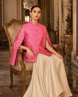 Jodha Banarasi Cape: Women's Fuchsia Gold Floral Indowestern Wear