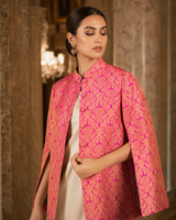 Jodha Banarasi Cape: Women's Fuchsia Gold Floral Indowestern Wear