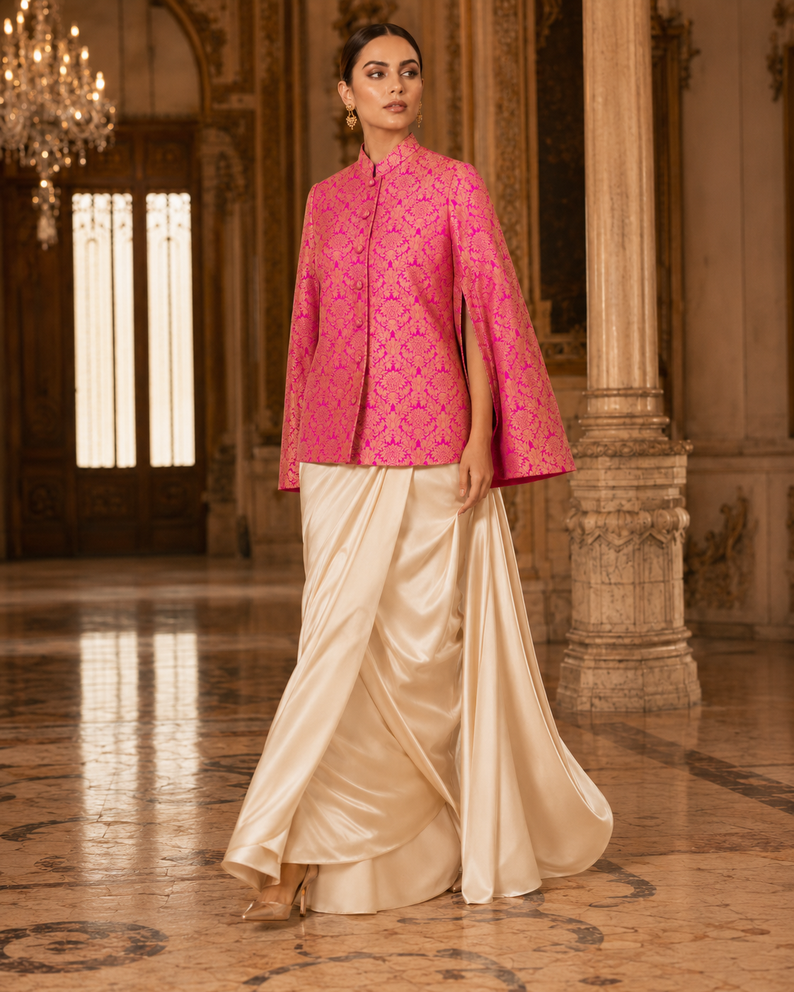 Jodha Banarasi Cape: Women's Fuchsia Gold Floral Indowestern Wear