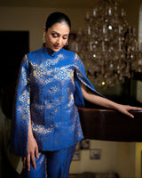 Mumtaz Banarasi Cape: Women's Royal Blue Gold Floral Indowestern Wear