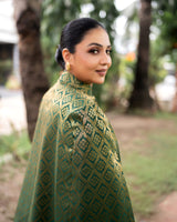 Gayatri Banarasi Cape: Women's Emerald Gold Diamond Indowestern Wear