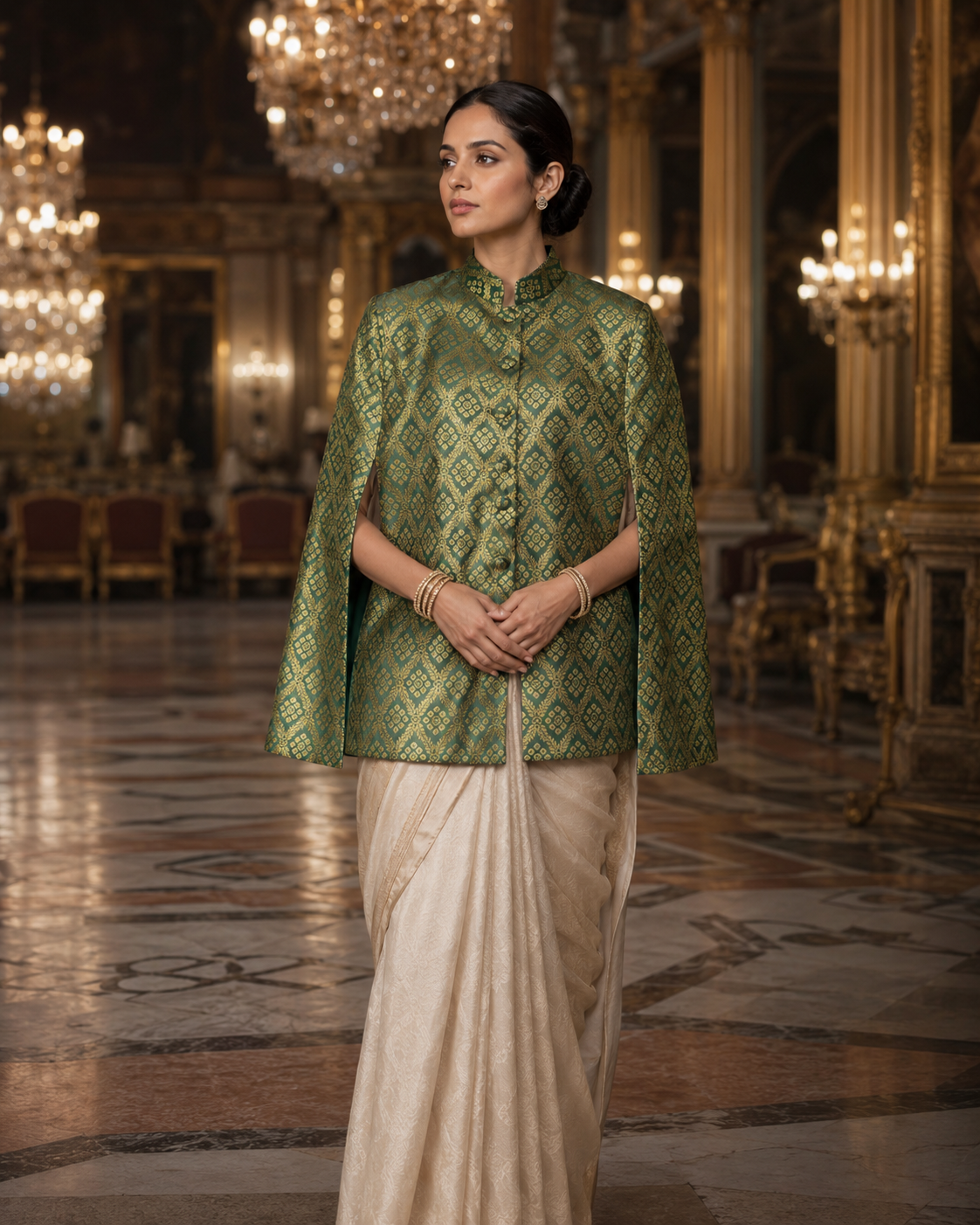 Gayatri Banarasi Cape: Women's Emerald Gold Diamond Indowestern Wear