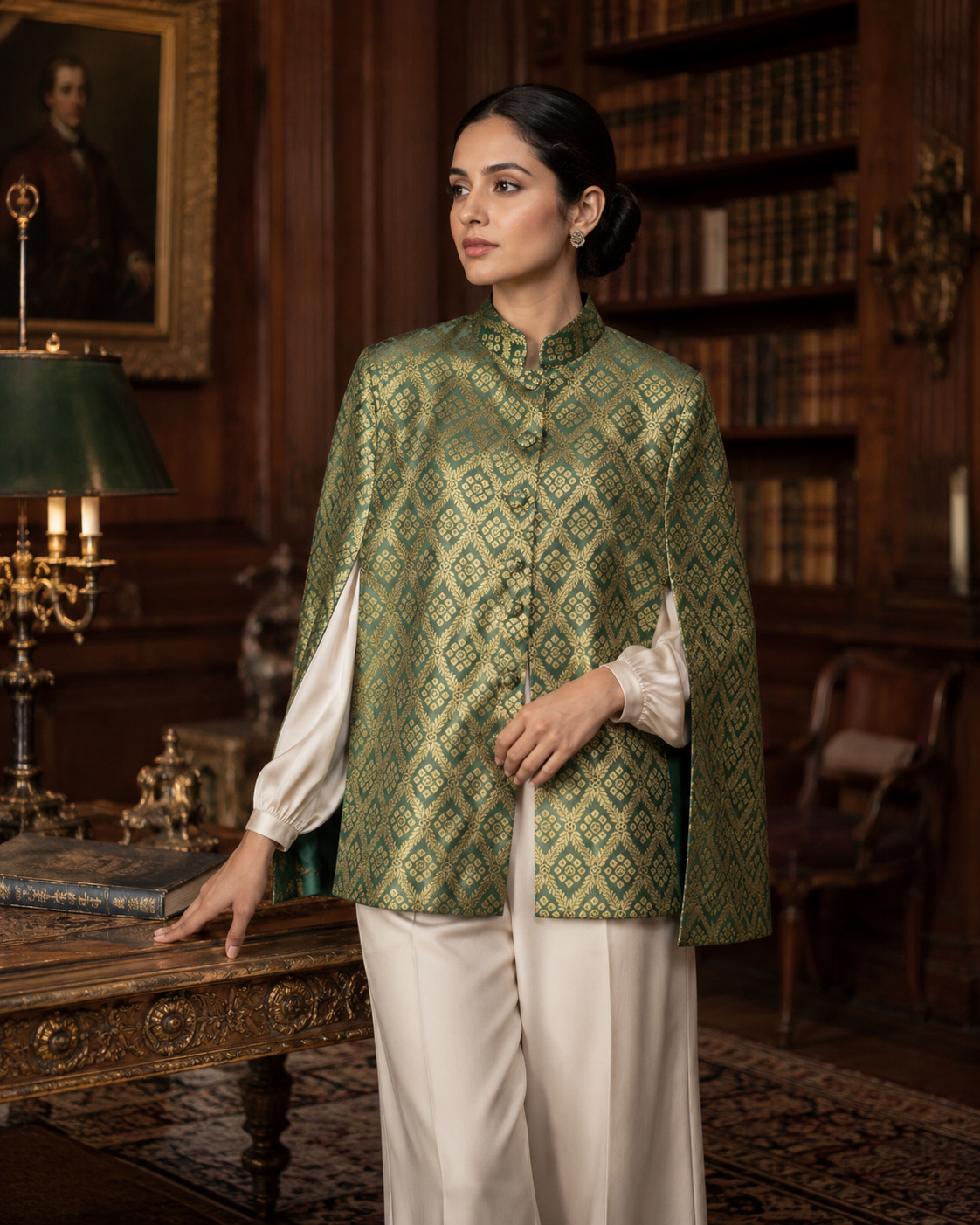 Gayatri Banarasi Cape: Women's Emerald Gold Diamond Indowestern Wear