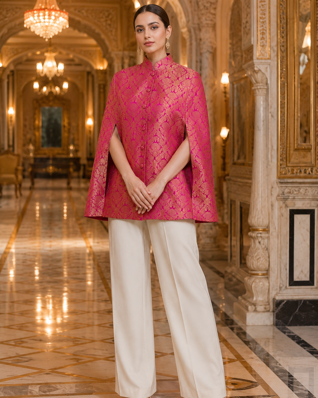 Mira Banarasi Cape: Women's Fuchsia Gold Floral Indowestern Wear