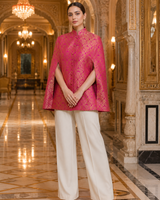 Mira Banarasi Cape: Women's Fuchsia Gold Floral Indowestern Wear
