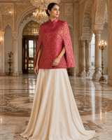 Mira Banarasi Cape: Women's Fuchsia Gold Floral Indowestern Wear