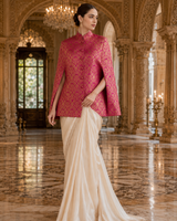 Mira Banarasi Cape: Women's Fuchsia Gold Floral Indowestern Wear